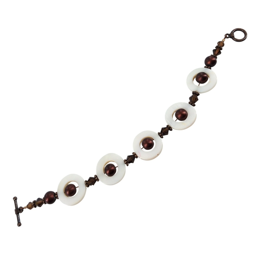 Vintage Boho Mother of Pearl Donut &‎ Brown Pearl Toggle Bracelet 8"